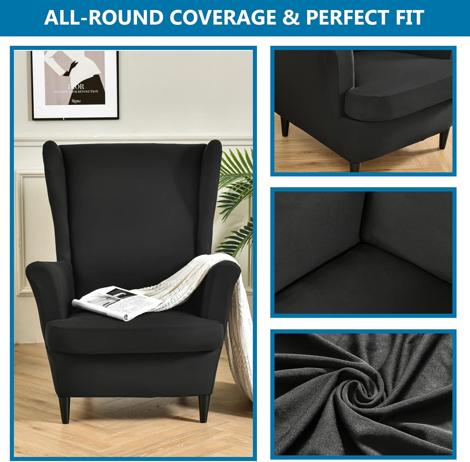 HZDHCLH Black Wingback Chair Slipcovers 2 Piece,Stretch Spandex Black Wing Chair Covers for Living Room Armchair,Washalbe Sofa Slipovers