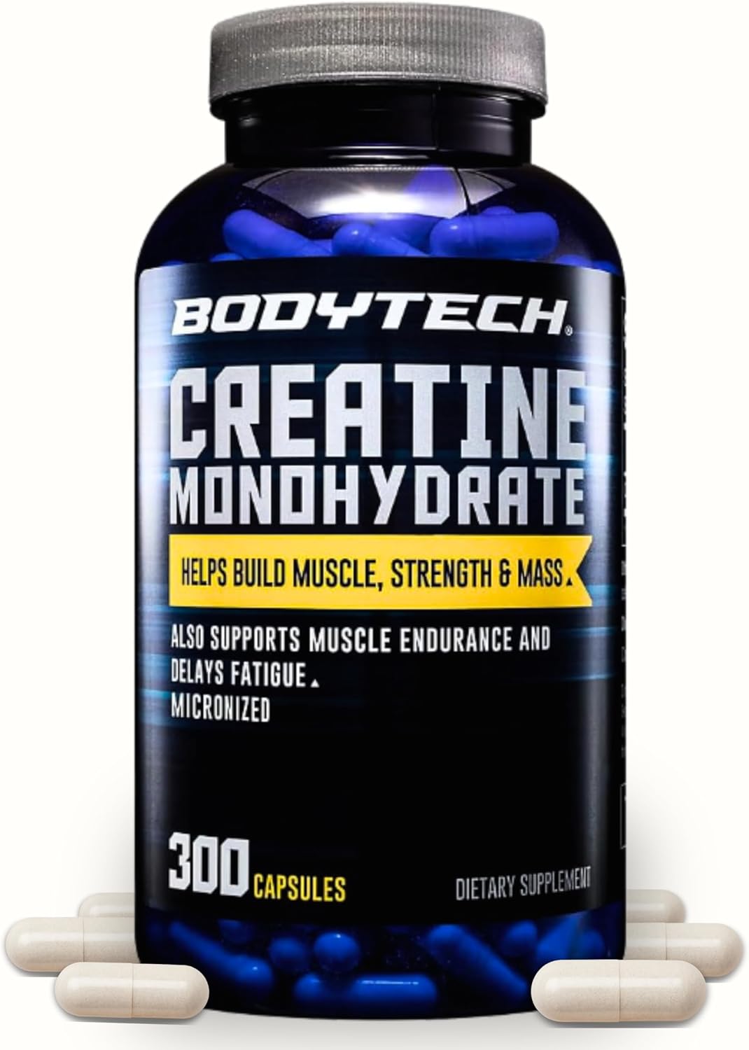 BodyTech Creatine Monohydrate Capsules, Micronized Creatine Formula for Men and Women, 2250 mg per Serving, Pre Workout & Post Workout Supplement, Gluten Free, Sugar Free, 300 Capsules Per Bottle