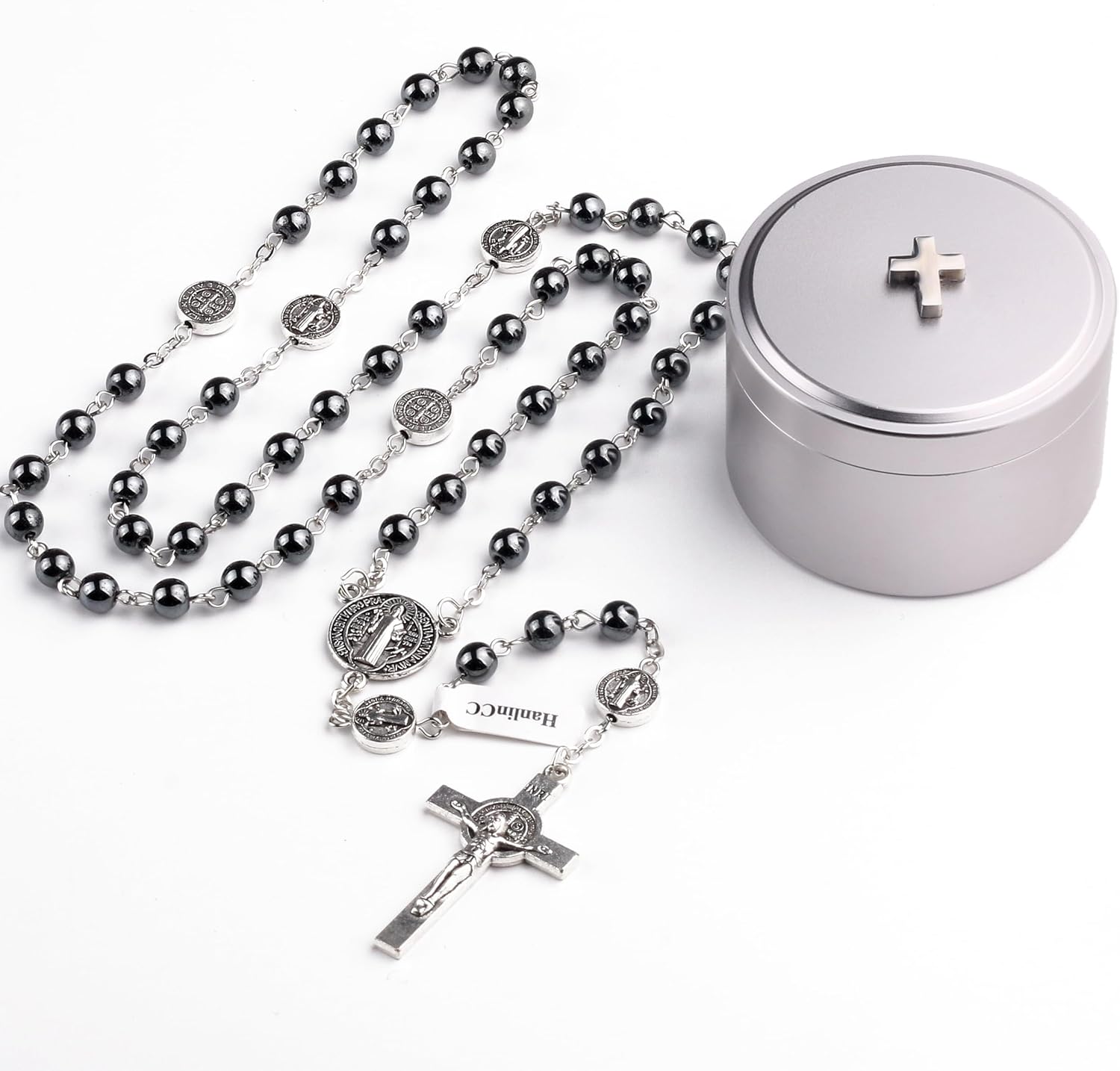 HanlinCC 6mm Hematite Stone Black Beads Saint Benedict Catholic Rosary Necklace with Titanium Metal Cross Gift Box for Men Women - Image 9