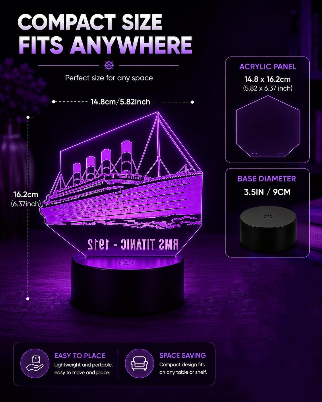 Titanic Lamp, 3D Night Light with Touch Control and 7 Colors image 5