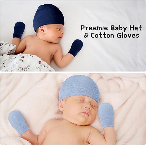 Miniatura 6 de Hercicy Juego de 4 gorros y manoplas de algodón para prematuros, gorro para bebés sin rasguños, gorro de hospital Nicu para prematuro niño y niña