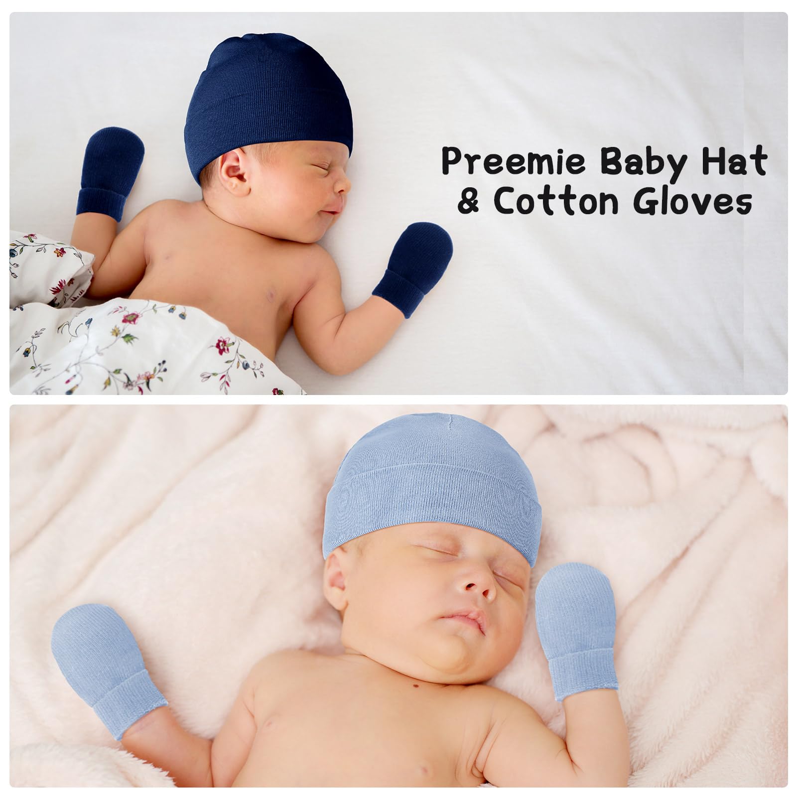 Hercicy Preemie Mütze und Fäustlinge, Baumwolle, keine Kratzer, Baby-Fäustlinge, Krankenhausmütze für Frühchen, Jungen, Mädchen, 4 Stück