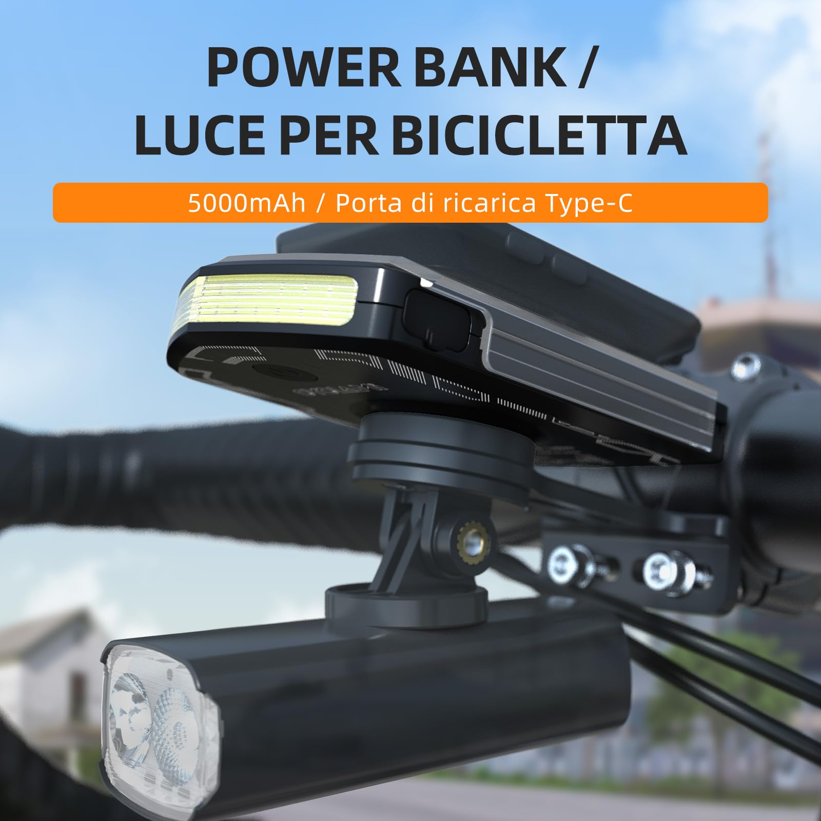Luce Diurna per Bici 120 Lumen Luci Per Biciclette 5000mAh Autonomia 40h IPX6 Impermeabile USB-C 5 Modalità per Ciclismo Stradale MTB Notturno e Urbano