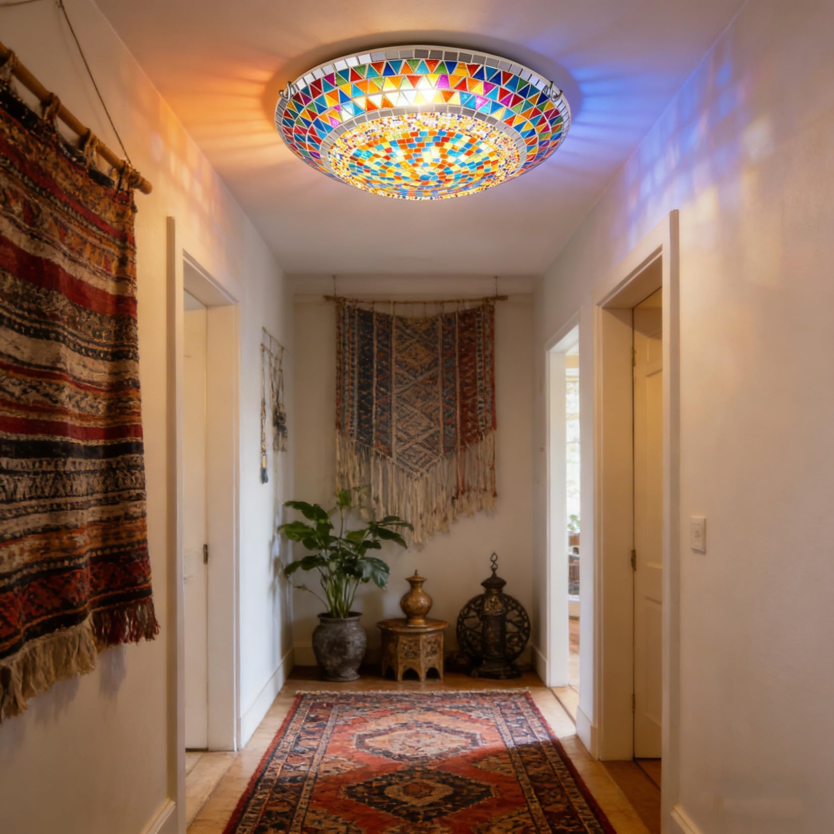 Yjmgrowing Turkish Mosaic Flush Mount Ceiling Light, Bohemian Handmade Stained Glass Close-to-Ceiling Lamp, Moroccan Lighting Fixture for Bedroom, Hallway, Entryway, Restaurant, E26/E27,16inch