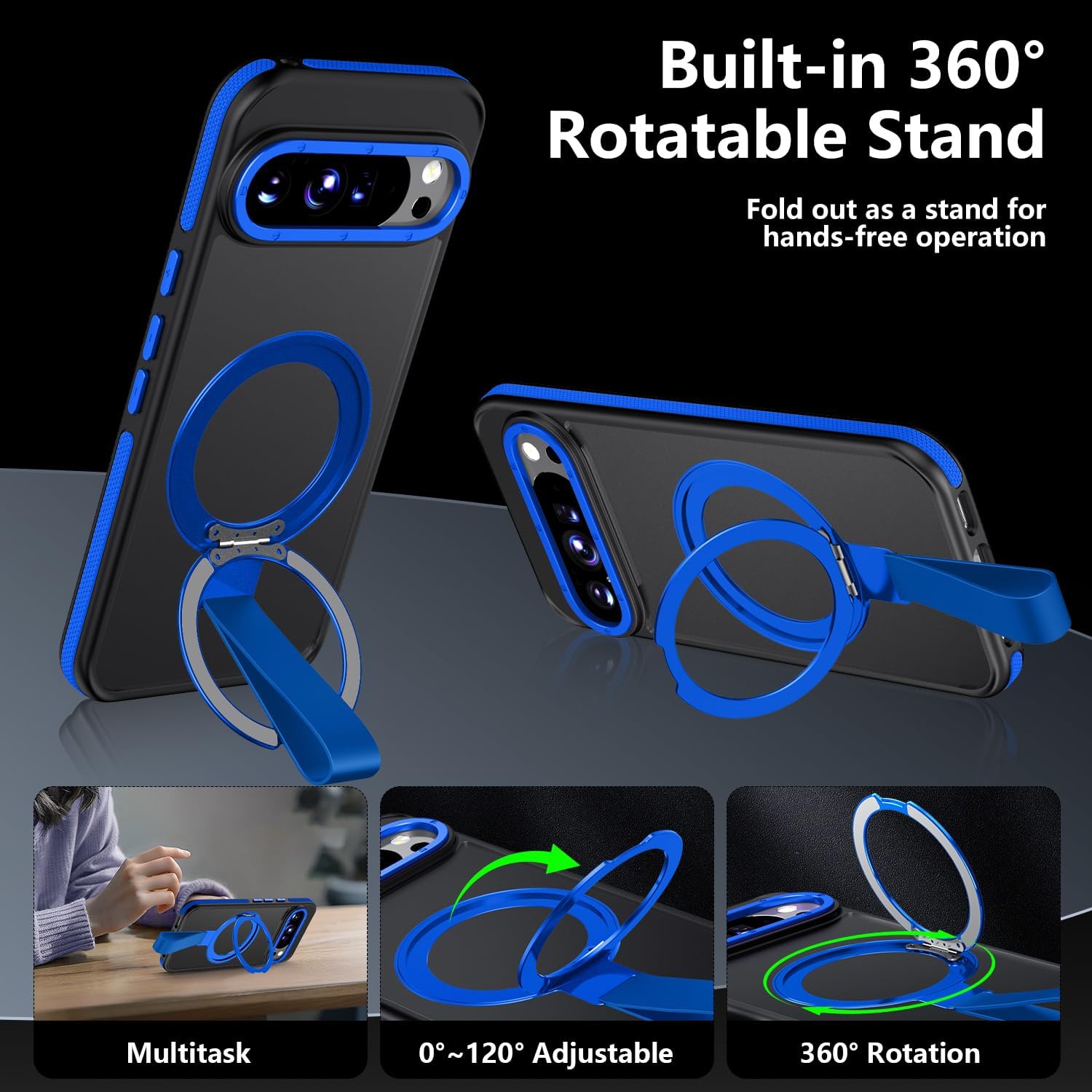 TIANNIUKE for Google Pixel 10 Pro XL Case 360°Rotatable Magnetic Ring Holder Stand with Silicone Strap, Fit for MagSafe Mil-Grade Shockproof Translucent Matte Phone Case (Blue)