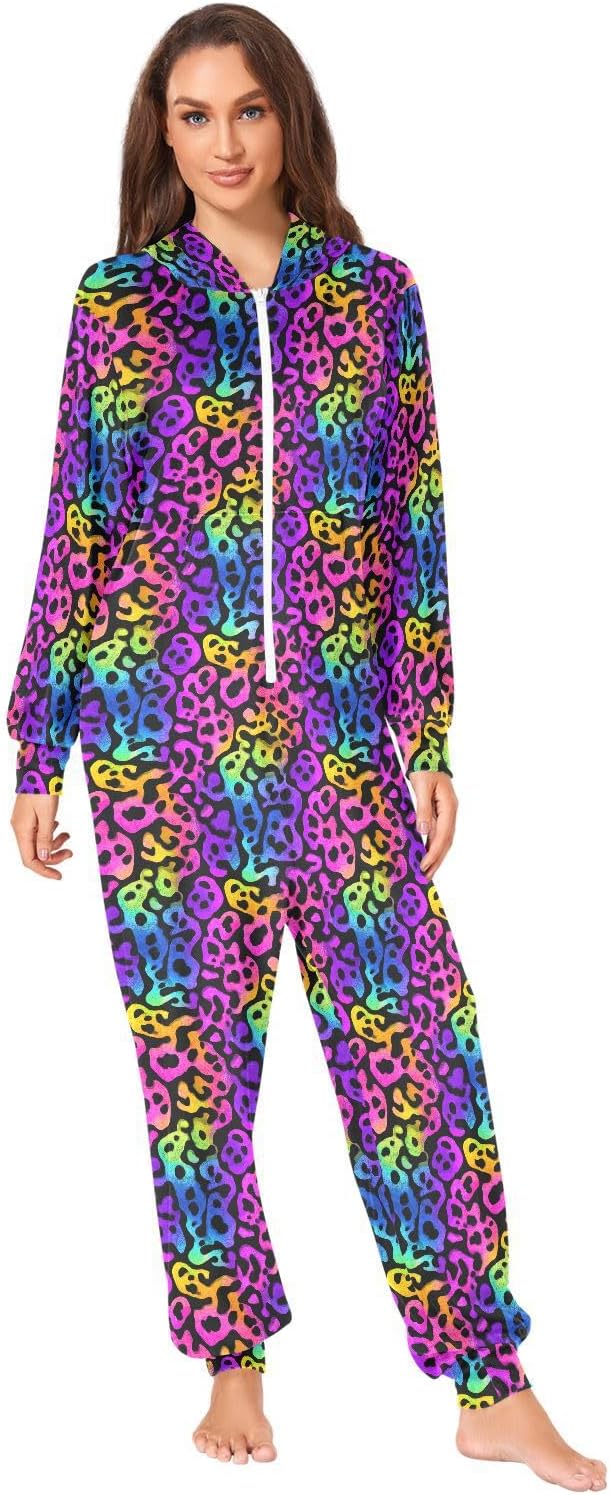 ALAZA Adult Onesie, Animal Neon Rainbow Leopard Cheetah Print Pajamas Costume Party Wear