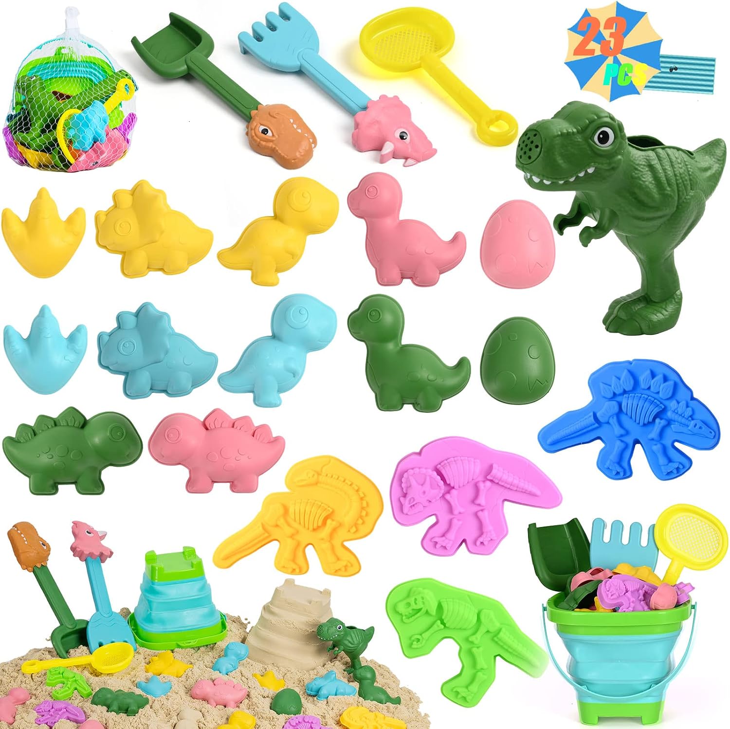 unanscre 23Pcs Kids Dinosaur Beach Sand Toys Set - Foldable Bucket Collapsible Silicone Pail, Dino Shovel Tools&Molds, Sieve, Watering Can, Net Bag for Boys Girls Toddlers Age3+ Summer Outdoor Play