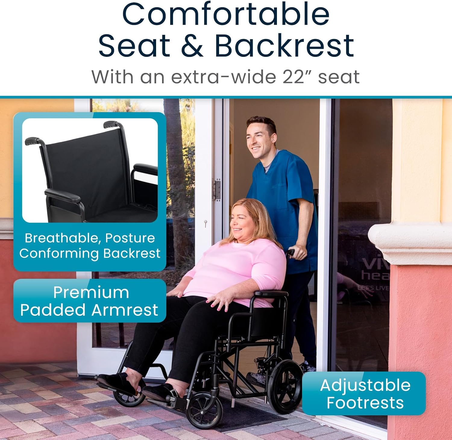 Close-up of the dual handbrakes on the Vive Mobility Bariatric Transport Wheelchair