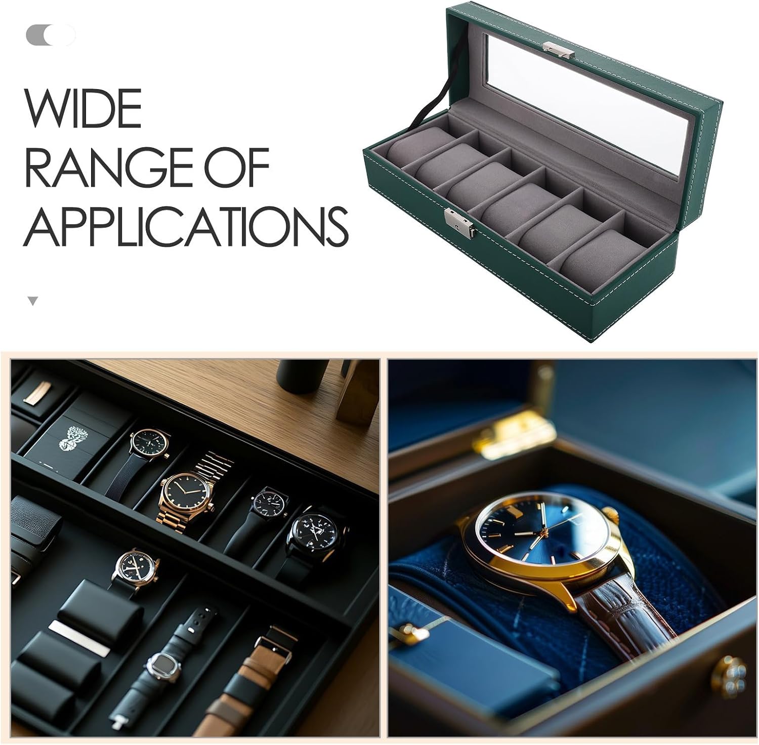 Beavorty Six Slot Watch Box with Pu and Mdf Material with Glass Display Top Watch Case Organizer for Men and Women for Home and Commercial Setting