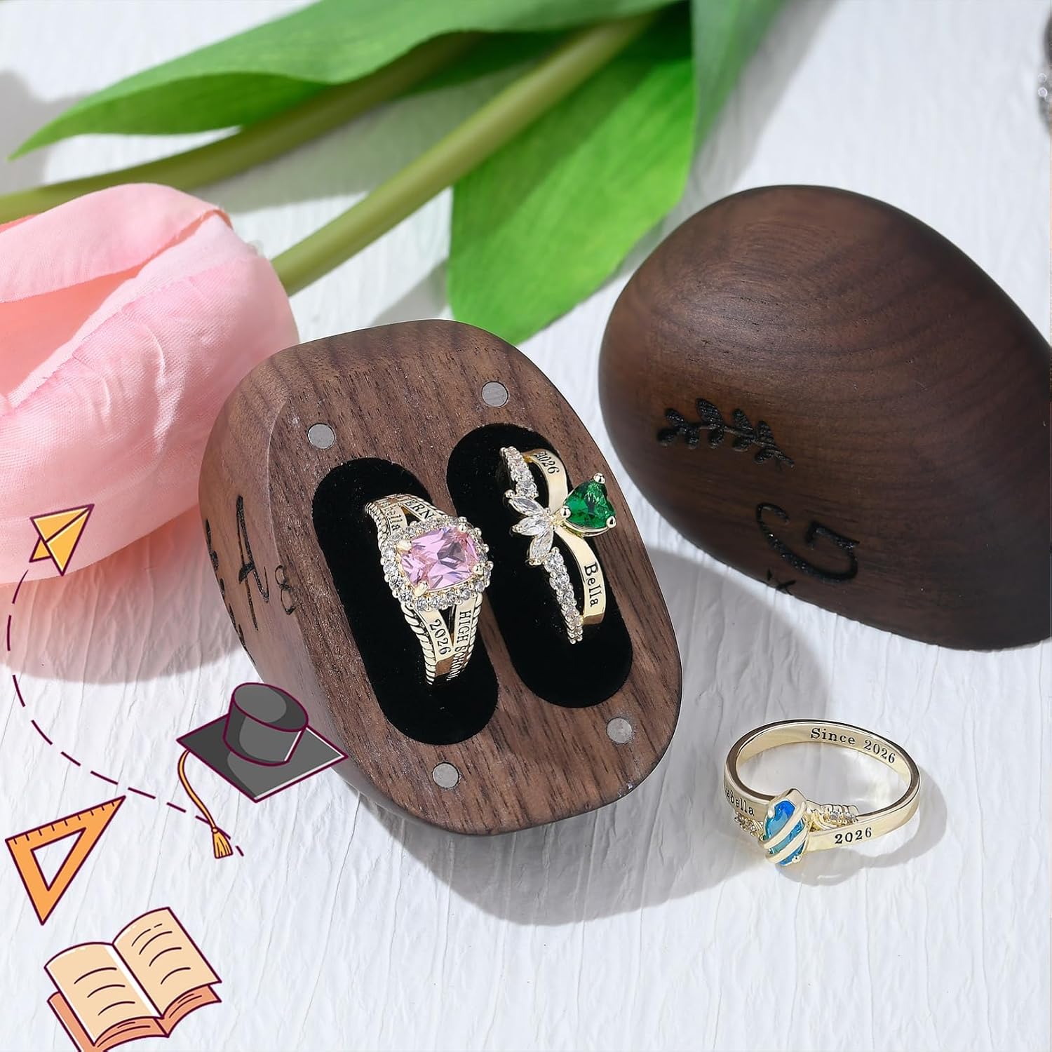 BABOOM Custom Class Rings for Women High School College Personalized Graduation Ring 2026 Customizable Birthstone Ring with Class Name Graduation Memorial Rings Gifts for Her