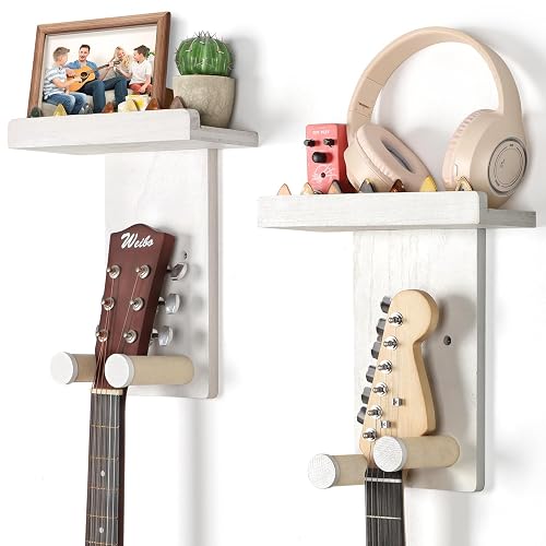Keebofly Guitar Wall Mount Hangers with Rustic Wood Shelf - 2 Pack, Wall Stand Holder Hook Rack for Acoustic or Electric Guitar,Ukulele,Bass,White,[Patented]