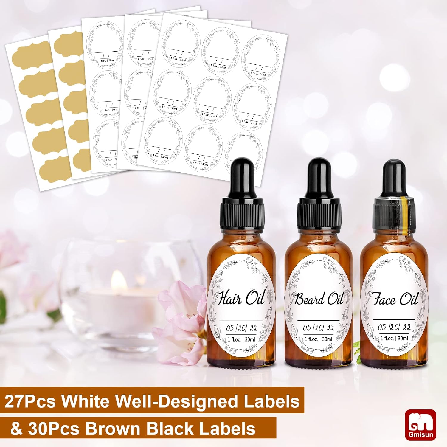 GMISUN 1 Oz Amber Glass Dropper Bottles, 22 Pack 1oz Tincture Bottle with Measured Eye Dropper, Empty 30ml Oil Dropper Bottle for Essential Oils, Liquids - Heat Shrink Wrap & Labels & Funnels
