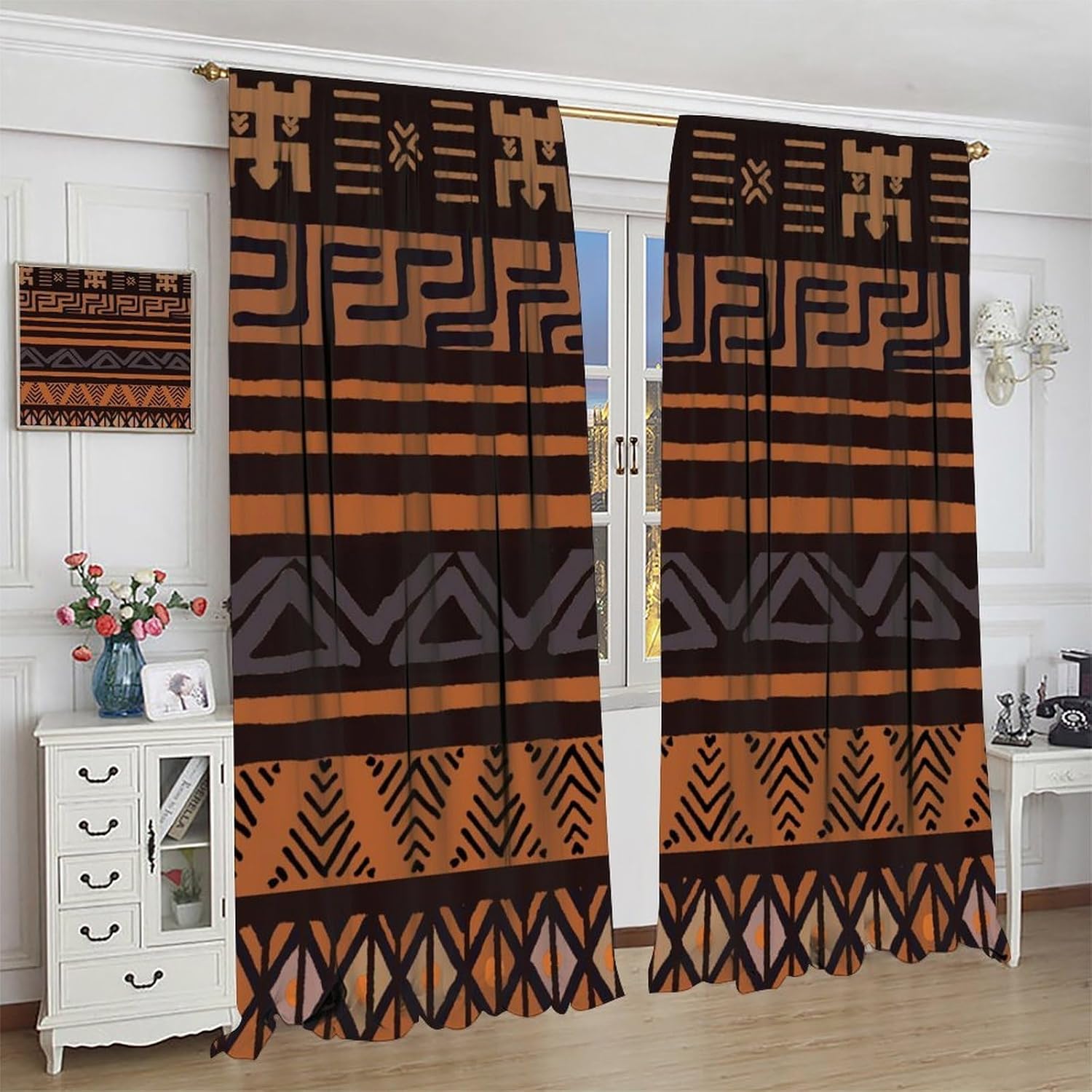 African Mudcloth Curtains, Vintage Traditional Tribal Africa Ethnic Geometric Boho Print Drapes for Bedroom Living Room Kitchen Office Window Treatment 2 Panel Sets, 63x63 Inch