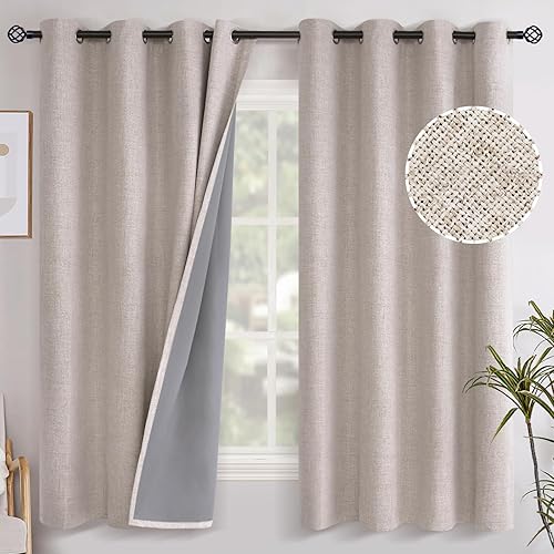 YoungsTex Cortinas opacas de lino gris de 63 pulgadas de largo para dormitorio, con aislamiento térmico, cortinas de oscurecimiento de habitación