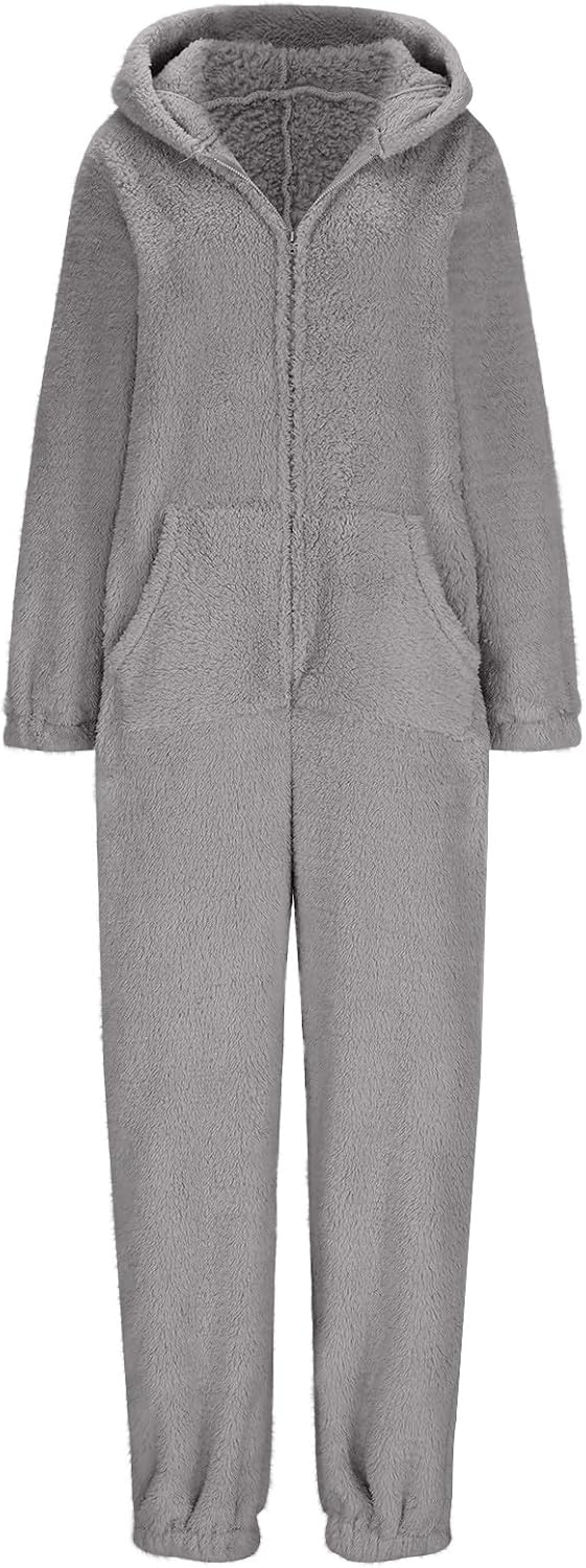 Lmdudan 2025 Women Adult One Piece Pajamas Jumpsuit Sherpa Lined Jumpsuit Fuzzy Long Sleeve Hooded Pajama Warm Sleepwear