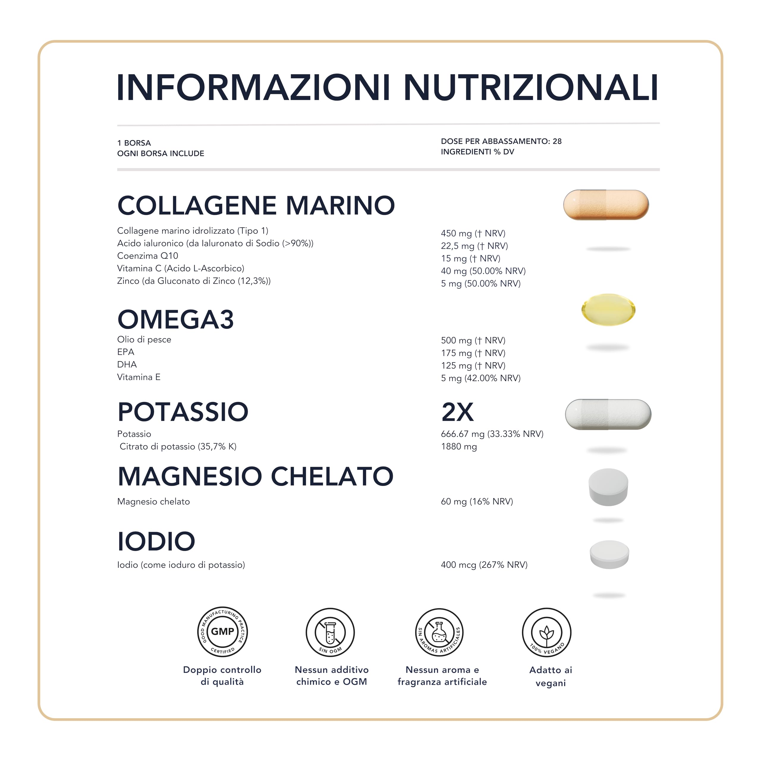 Collagene marino idrolizzato acido ialuronico + potassio + iodio. Set unico di vitamine. 100% naturale. 28 bustine giornaliere …