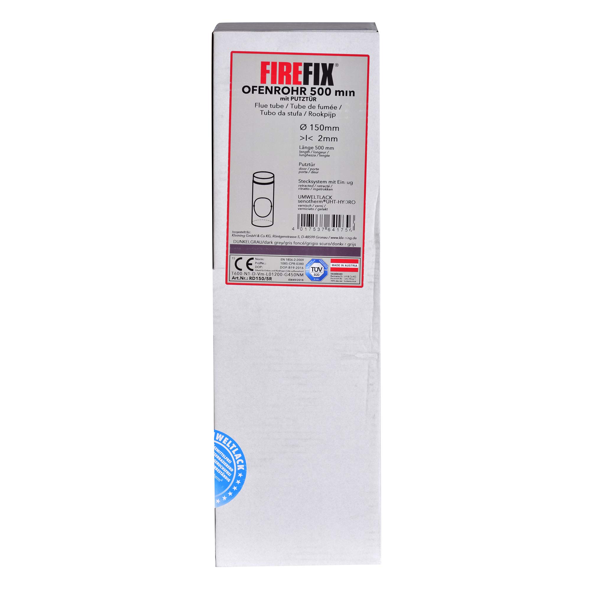 FIREFIX RD150/5R Ofenrohr aus 2 mm starken Stahl (Rauchrohr) in 150 mm Durchmesser, für Kaminöfen und Feuerstellen, Senotherm, dunkelgrau, 500 mm lang mit Reinigungstür