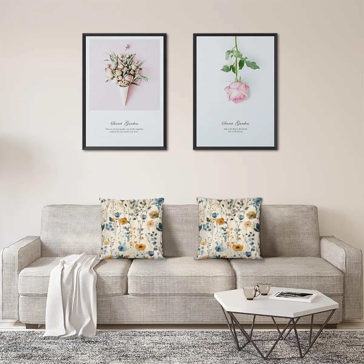 Flower Pillow Covers 14 x 14 Inch Set of 2, Poppy Floral Throw Pillow Covers Set Cushion Case Decorative Square Linen Pillowcases for Sofa Bed Couch Living Room Car