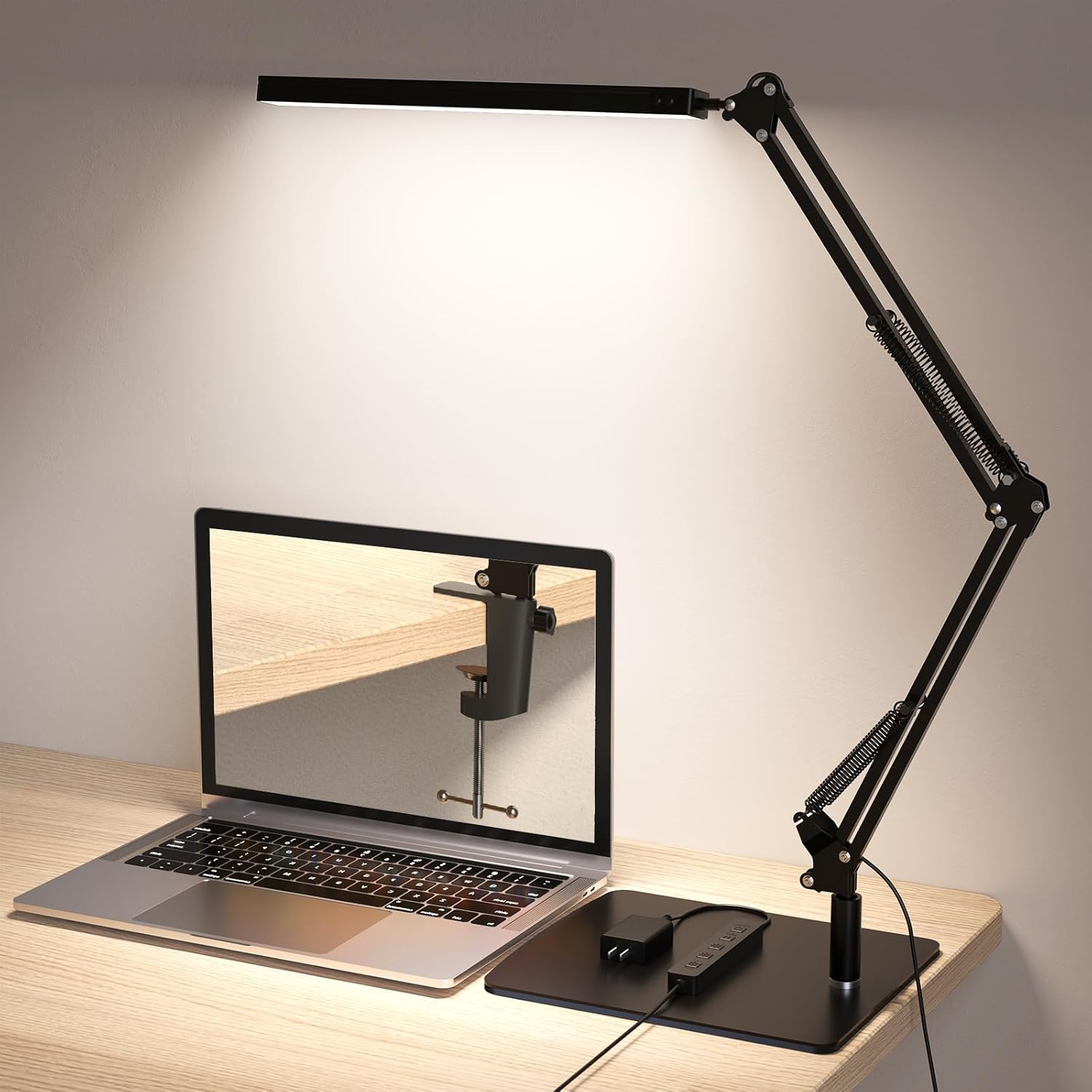 LED Desk Lamp for Home Office and Round Base, Clamp-On with 5 Light Modes & Auto Shut Off | 14W Adjustable Brightness 5000K Eye-Caring Lighting for Study/Bedroom/Computer Desk
