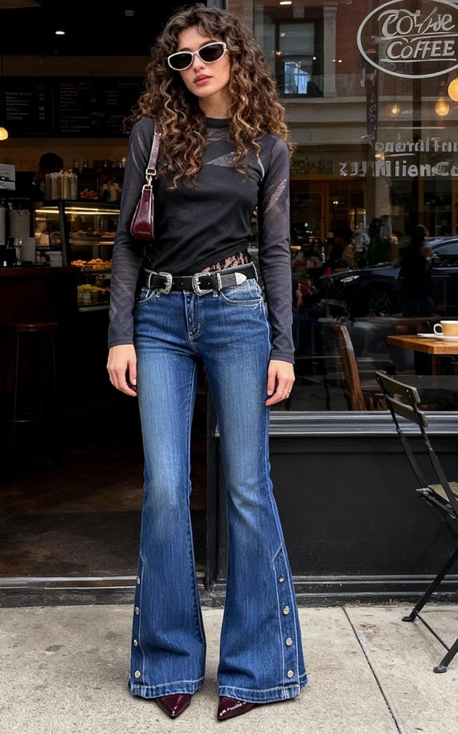 Women Bell Bottom Jeans Stretchy Flare Mid Rise Embroidery Vintage Denim Pants 90s Outfits Y2k Clothes - Image 4