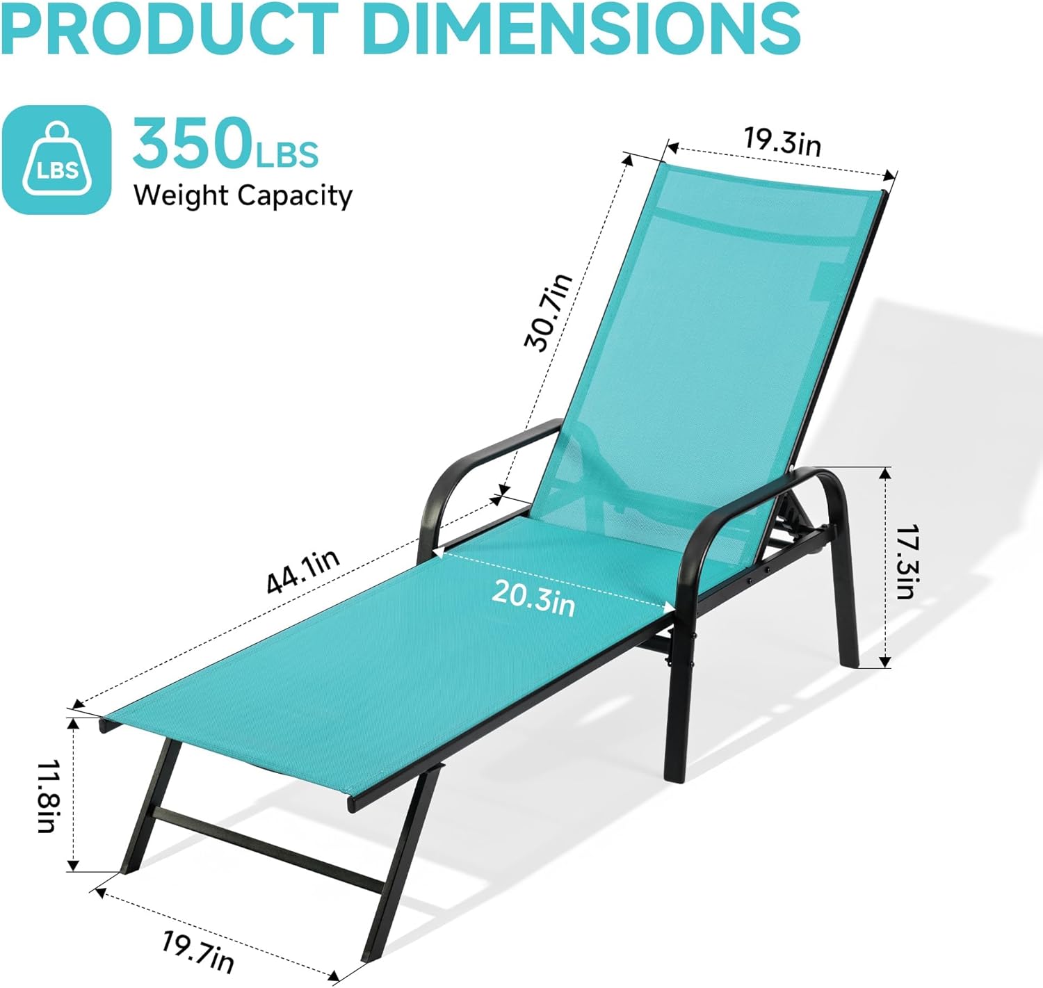 Simple Delxue Folding Chaise Lounge Chair with 5 Reclining Positions, Beach Recliner Chair with Armrests, Textilene Fabric & Steel Frame, Outdoor Patio Poolside Seating, 350 LBS Capacity, Cyan