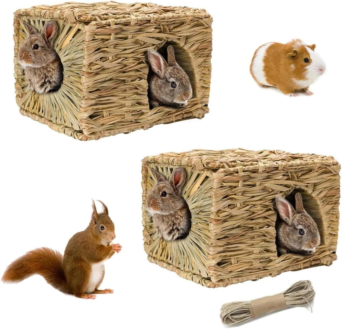 2 Pcs Grass House for Rabbit Natural Hand Woven Seagrass Play Hay Bed Foldable Woven Hideaway Hut Toy for Bunny Hamster Guinea Pig Chinchilla Small Animals