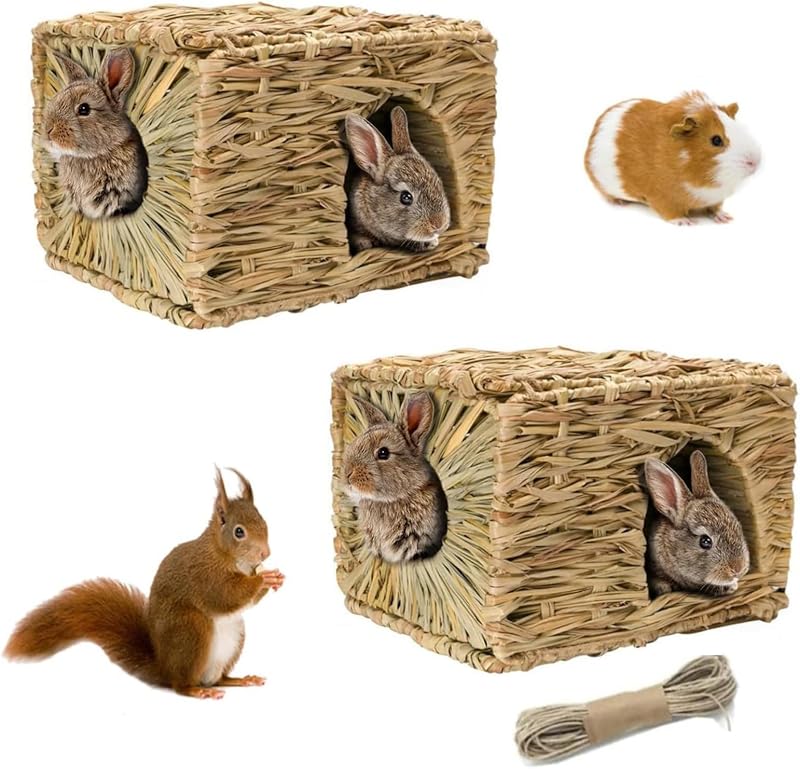 2 Pcs Grass House for Rabbit Natural Hand Woven Seagrass Play Hay Bed Foldable Woven Hideaway Hut Toy for Bunny Hamster Guinea Pig Chinchilla Small Animals