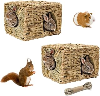 Hamiledyi 2 Pcs Grass House for Rabbit Natural Hand Woven Seagrass Play Hay Bed Foldable Woven Hideaway Hut Toy for Bunny Hamster Guinea Pig Chinchilla Small Animals
