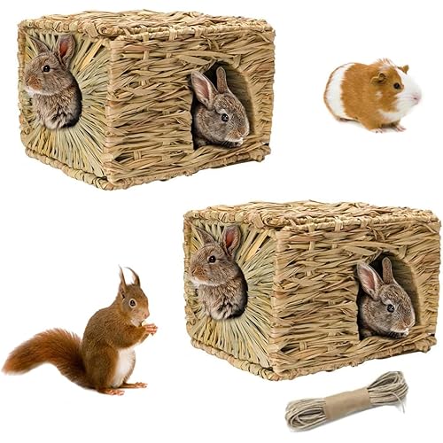 Hamiledyi 2 Pcs Grass House for Rabbit Natural Hand Woven Seagrass Play Hay Bed Foldable Woven Hideaway Hut Toy for Bunny Hamster Guinea Pig Chinchilla Small Animals