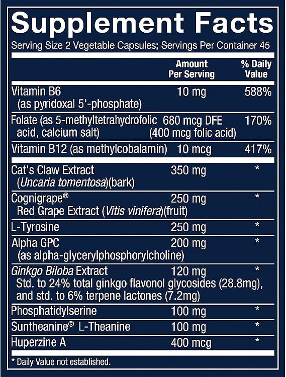 Neuro Brain Health to Support Memory, Focus, Cognitive Support a Caffeine-Free (90 Vegetable Capsules)