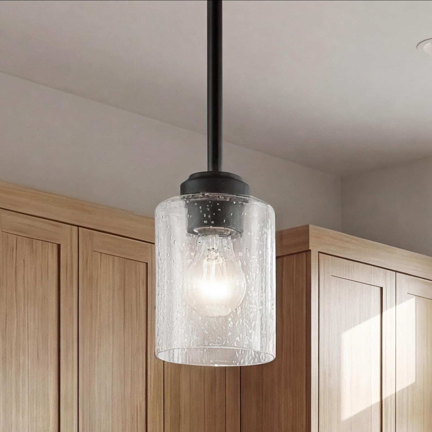 Kichler Winslow 7.5" 1-Light Mini Pendant Light with Clear Seeded Glass in Black for Kitchen, Bar, Laundry Sink, Bar Island (7.5" x 4.25"), 44032BK