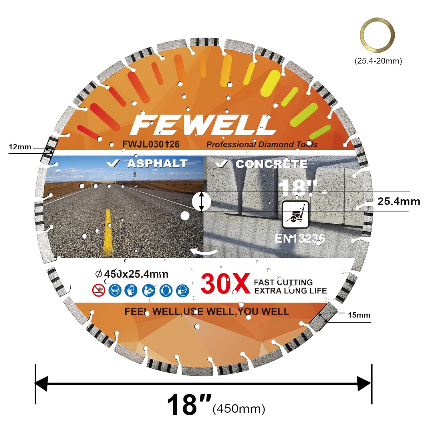 FEWELL 18" Concrete Diamond Saw Blade,Asphalt Diamond Blade Multi-Purpose for Cutting Hard Reinforced Concrete Asphalt Masonry Stone Terrazzo, Laser-Welded Segmented, 1"-20mm Bore