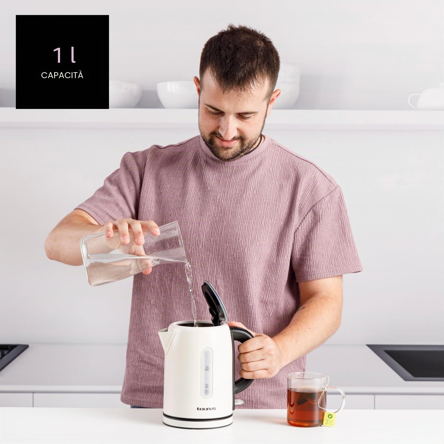 Taurus - Bollitore elettrico 2400W 1L | Bollitura rapida | Base 360° | Spegnimento automatico | Filtro estraibile | Senza BPA | Indicatore livello acqua | LED | Inox | Crema