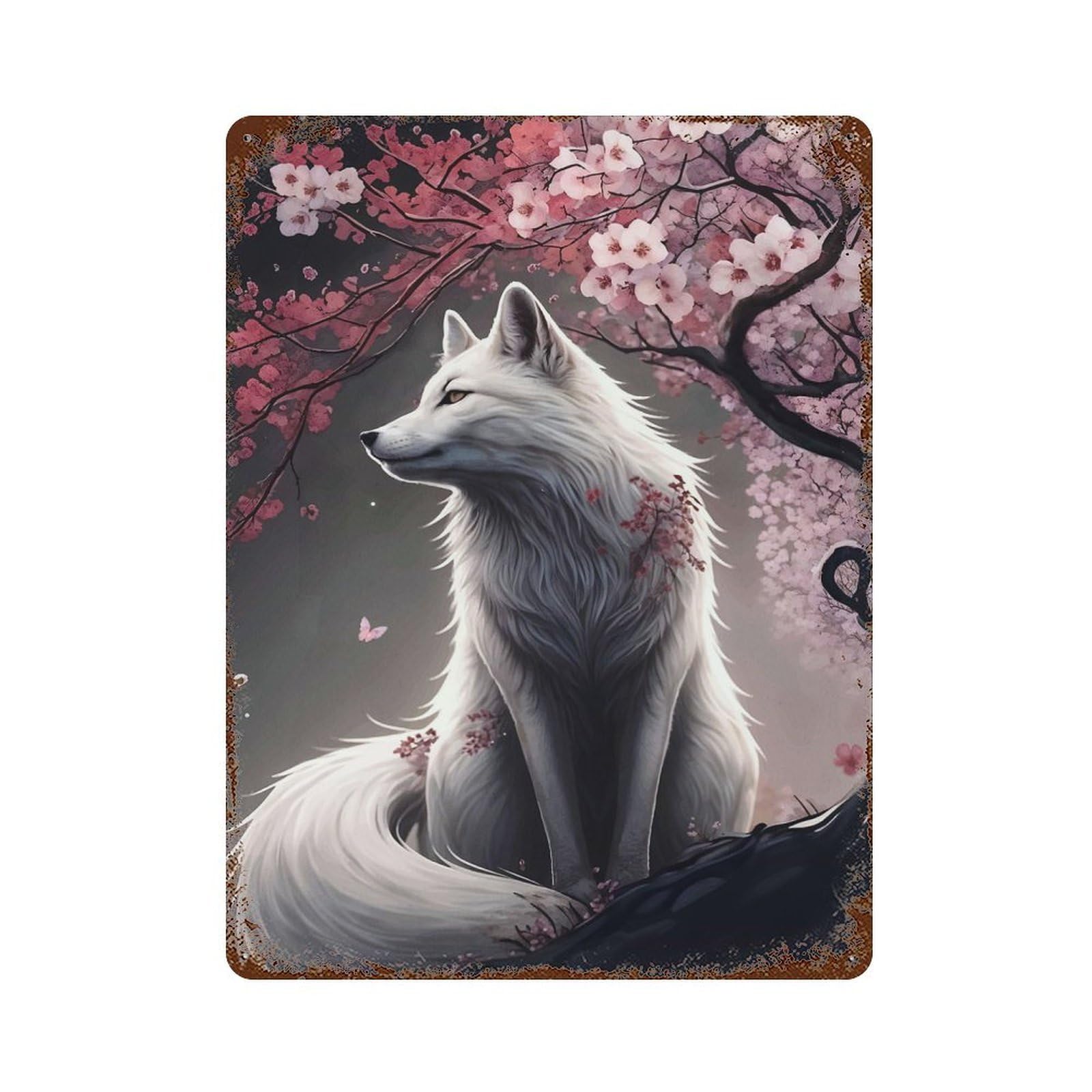 Wolf Cherry Blossom Animal Rust Effect Tin Sign 15.7"x11.8", Farmhouse Wall Decor for Farmhouse, Kitchen And Entryway Decor