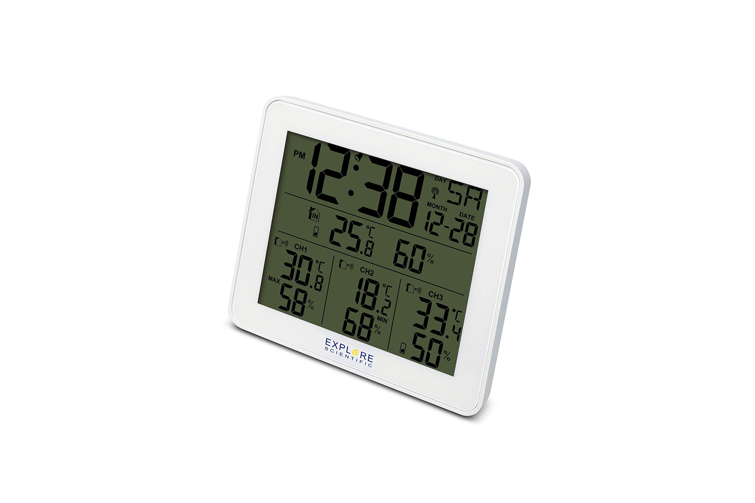 Explore Scientific WSH4003 Stazione Meteo Radio-Controllata con Allarme, Display retroilluminato blu con temperatura/umidità int/ext, Memorizza storico dati, 3 sensori inclusi, Bianco