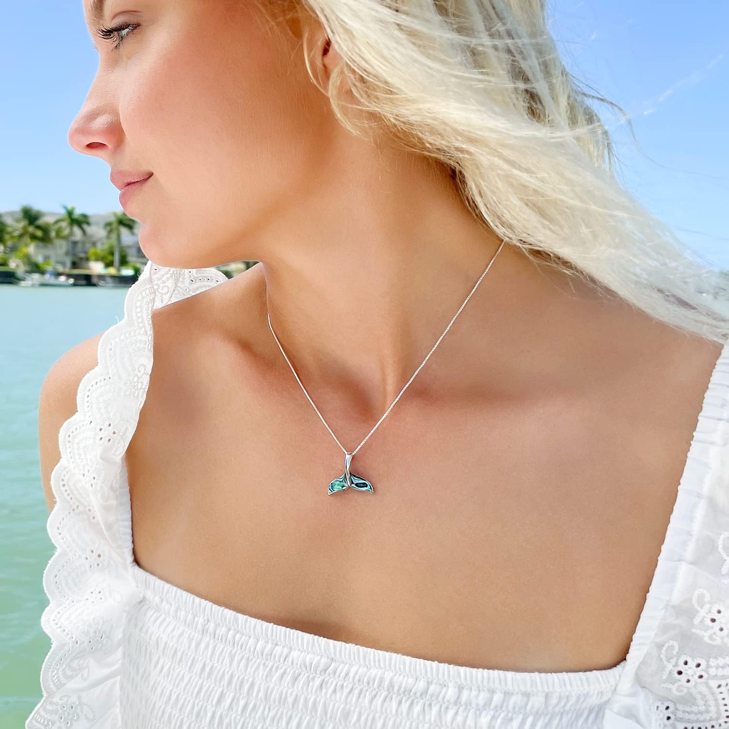 Miniatura 4 de Hawaiian Silver Jewelry Collar con colgante de cola de ballena Collar de plata de ley premium con incrustaciones de concha de abulón Collar