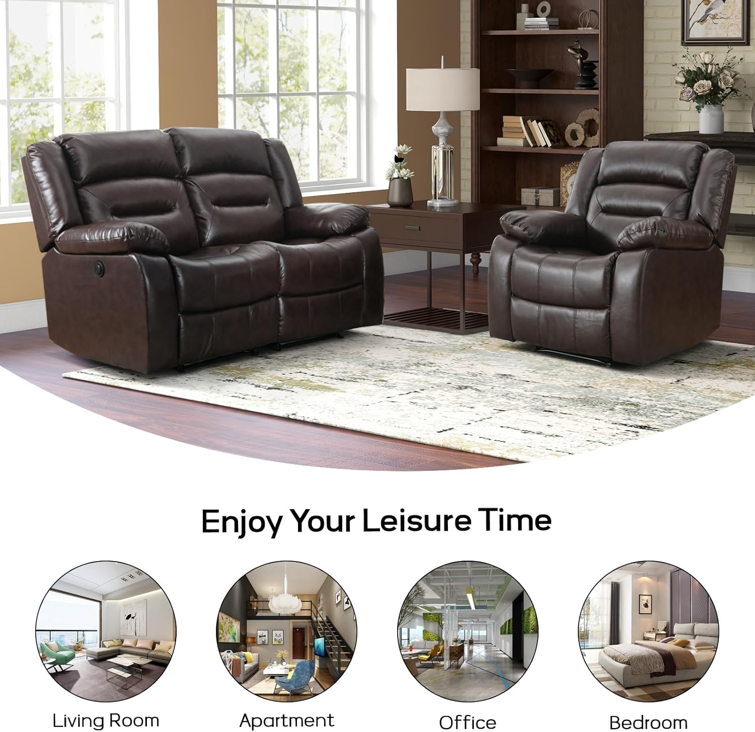 EBELLO Faux Leather Power Recliner Chair Loveseat Recliner Set, Electric Reclining Sofa Chair Couch Set for Living Room, Bedroom Furniture, Meeting Room, Brown
