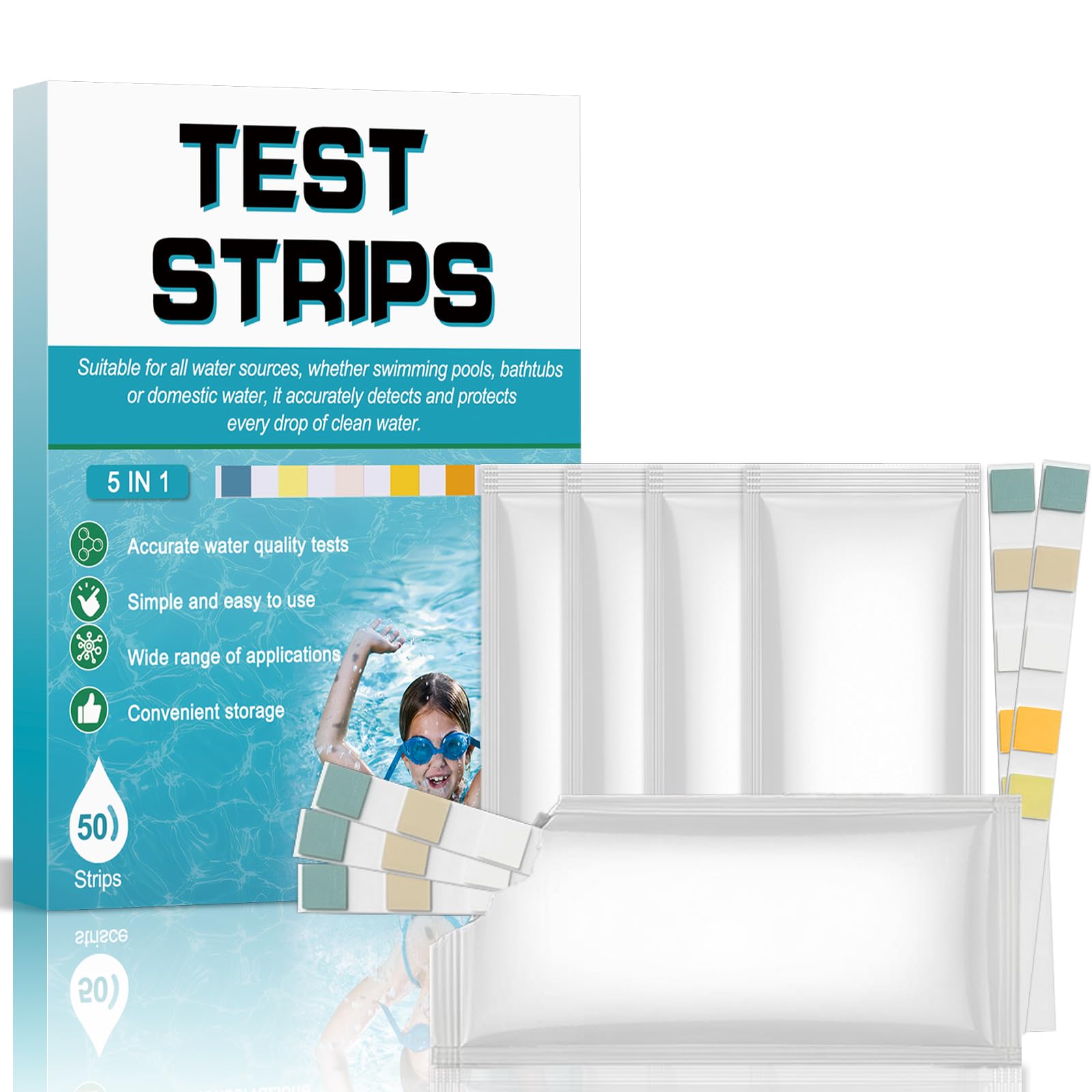 5 in 1 Hot Tub Test Strips, 50 Counts Water Test Strips Quickly Detect pH, Total Alkalinity, Total Hardness, Free Chlorine and Bromine, for Pool and Spa, Aquarium & Drinking Water Testing