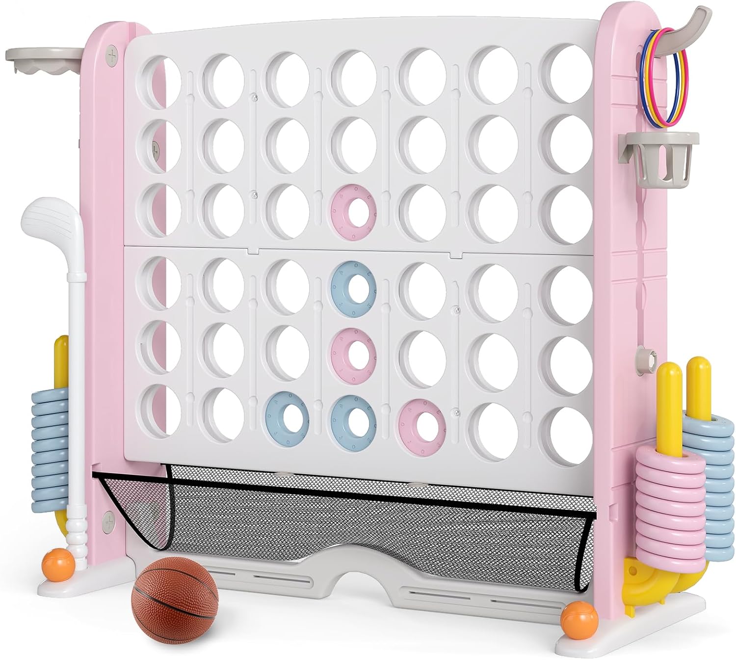 KOTEK Giant 4-in-a-Row Game, Height Adjustable Jumbo 4-to-Score Yard Game with Ring Toss, Basketball, Golf, Mesh Pocket & Cup Holders, Indoor Outdoor Connect Games for Kids, Adults & Family Party