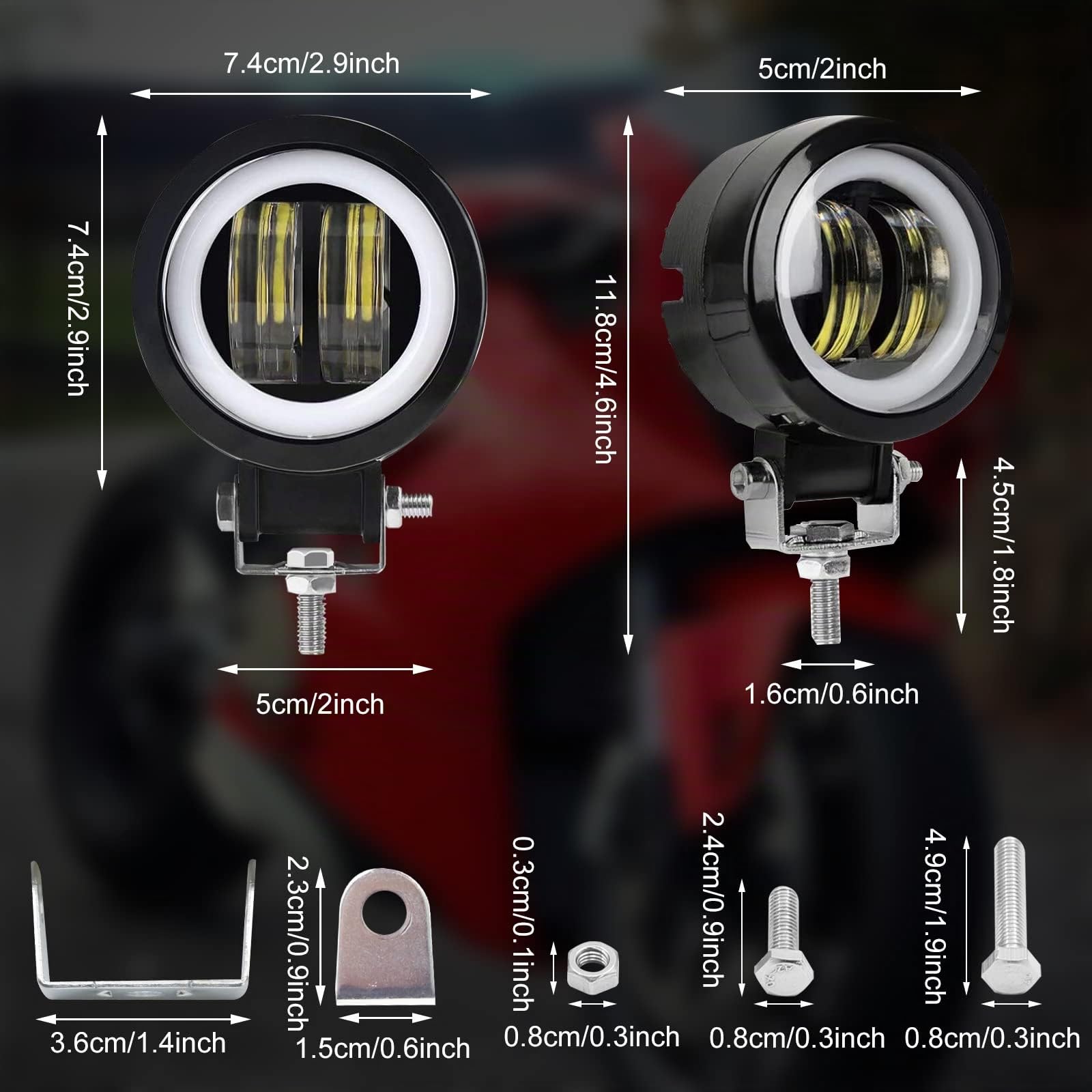Phares de Moto LED 12V/24V Phares Antibrouillard de Moto Led Lumières Auxiliaires Feux Additionnels LED Motos DRL Ange Yeux 20W 3” (Inclure le commutateur) 2Pcs