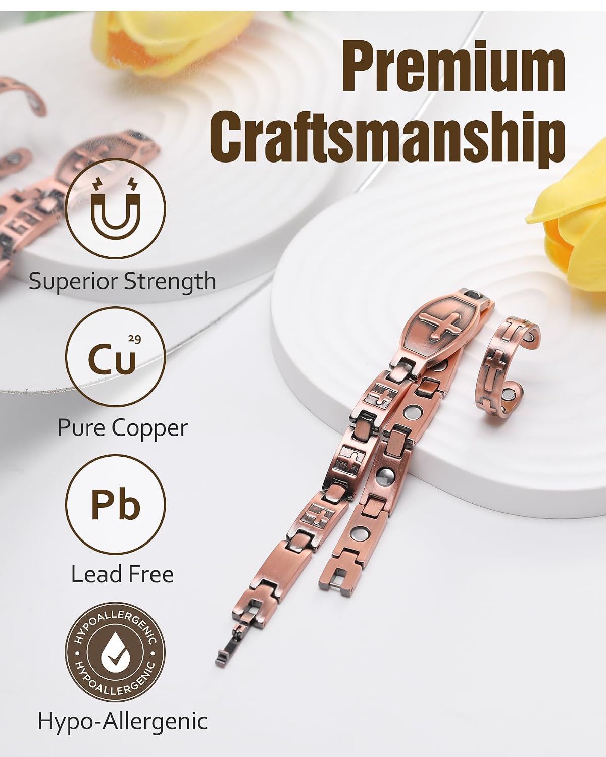 Jecanori 99.99% Pure Copper Magnetic Bracelets for Women, Copper Cross Bracelet With Ring, Ideal Gift