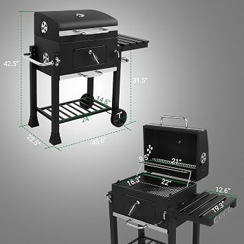 Large Charcoal BBQ Grill, Portable Barbecue Grill with Adjustable Charcoal Tray, Foldable Side Tables & Wheels, Outdoor Garden Barbecue Smoker for Camping Backyard Patio Party Picnic