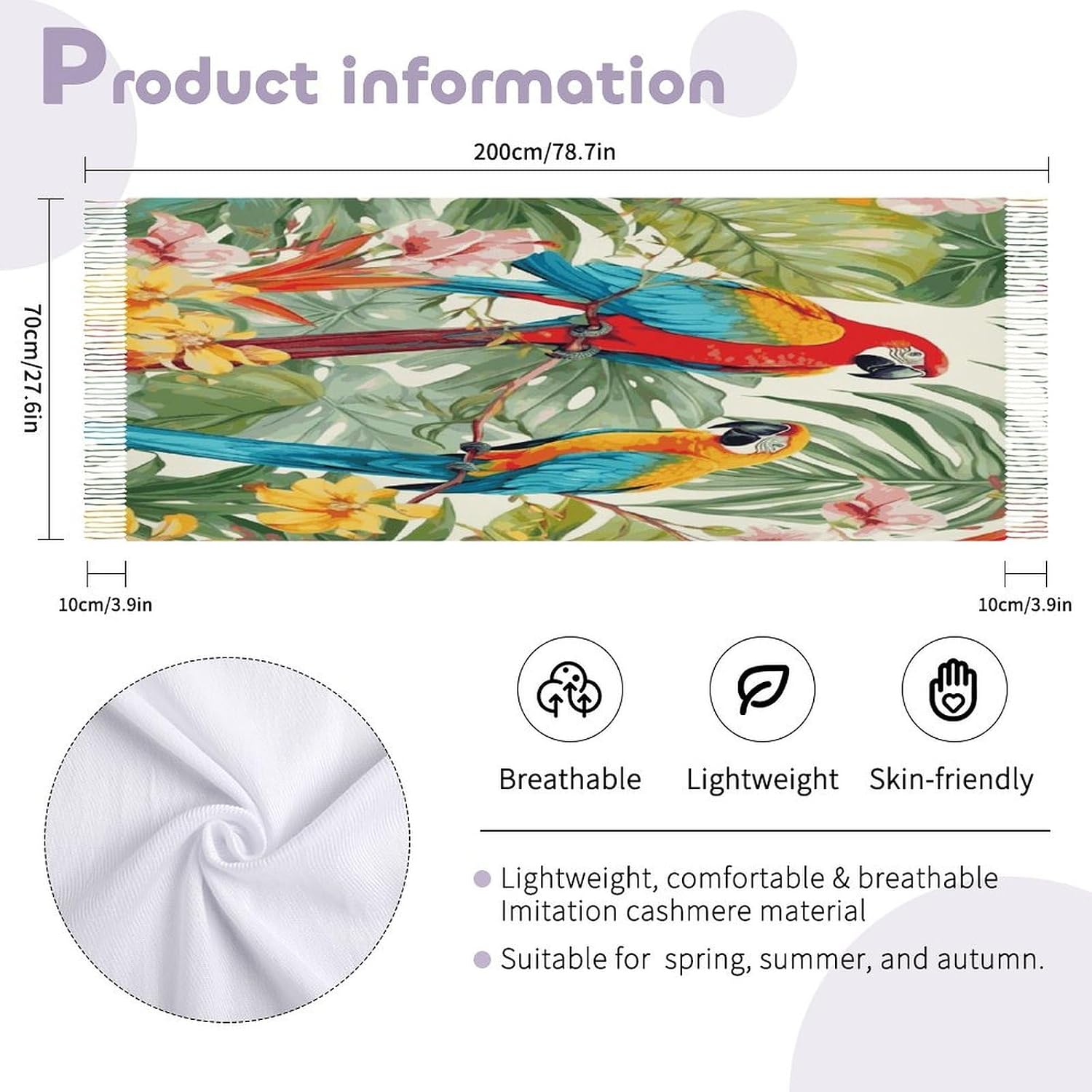 Tropical Plants And Parrots Scarf for Women Men Soft Warm Fashion Blanket Scarves Classic Cashmere Feel Scarf Long Shawl Large Scarves Cold Weather Thick Blanket Scarfs