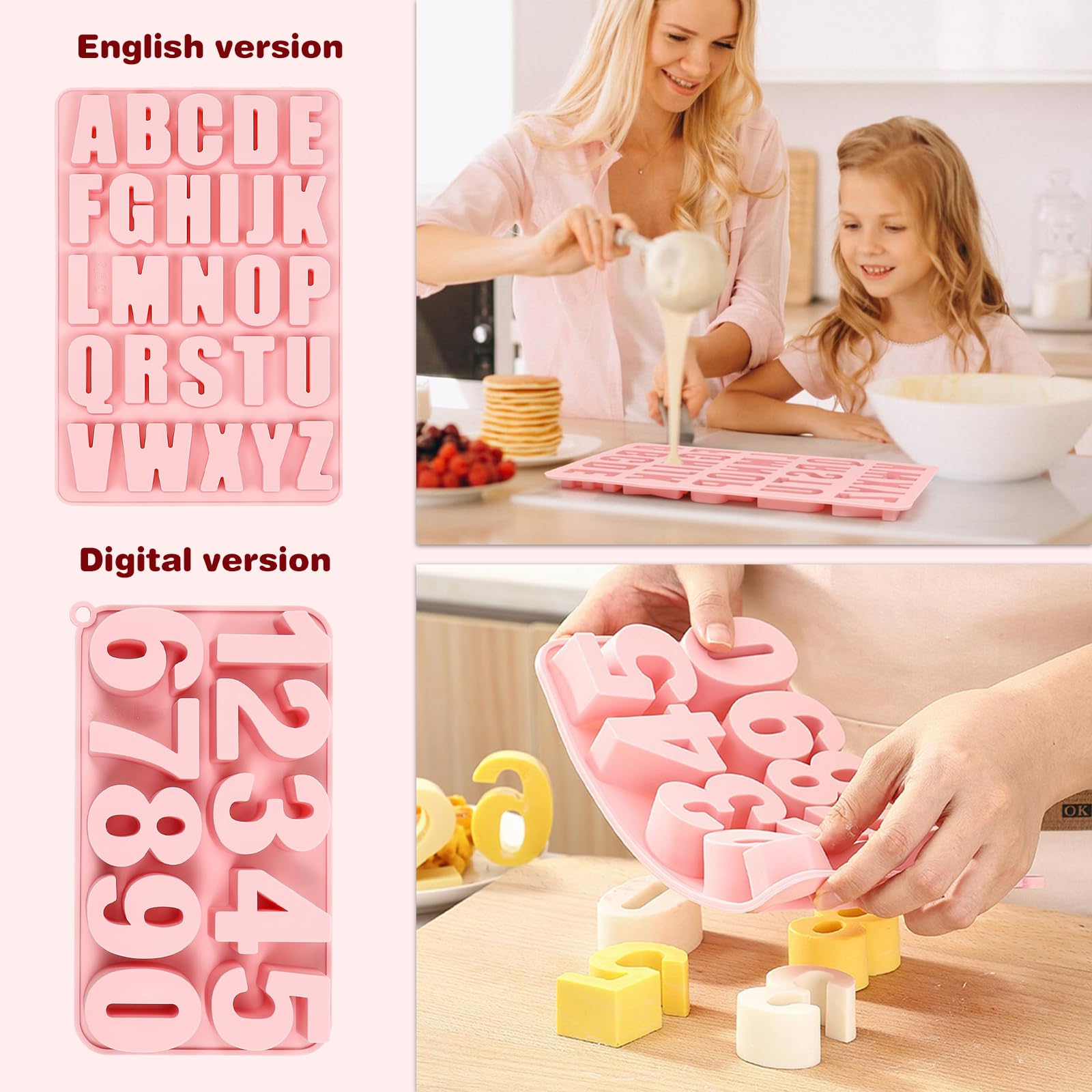 YdseozOA Lot De 2 Moules En Silicone Avec Chiffres De L'alphabet A-Z De 0 à 9, Moules Antiadhésifs En Forme De Lettres Et De Chiffres Au Chocolat, Pour Décoration De Gâteaux, De