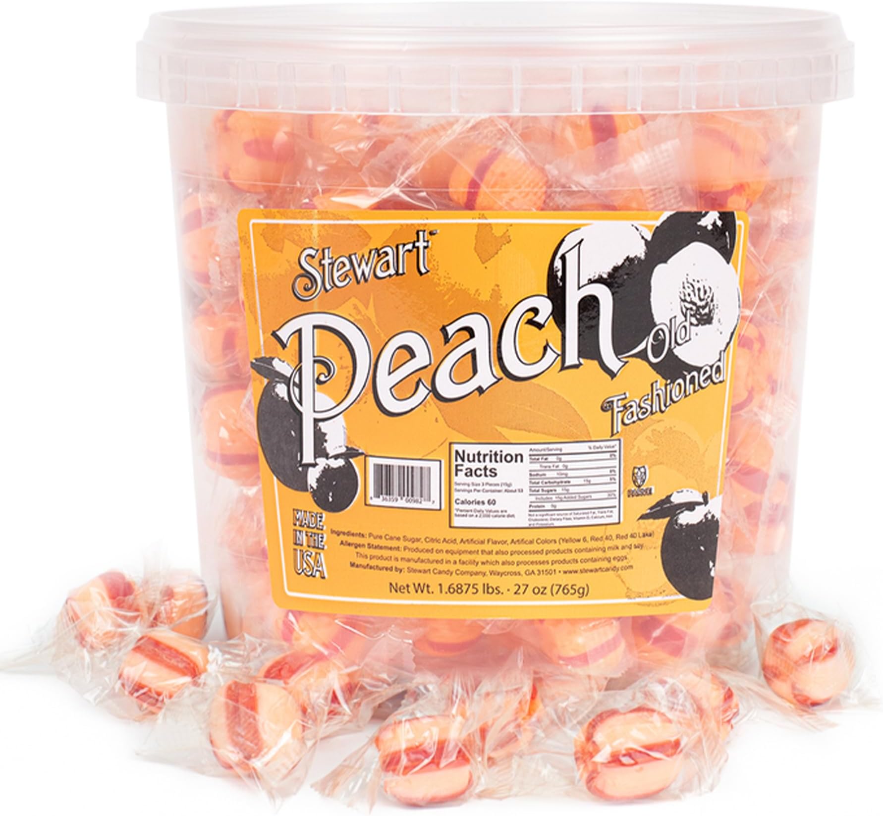 Stewart Old Fashioned Peach Candy Puffs | Individually Wrapped Candy | Pure Cane Sugar Candy | Fat-Free, Cholesterol-Free, Gluten-Free | Classic Soft/Hard Texture, Made in USA - 27 oz Tub