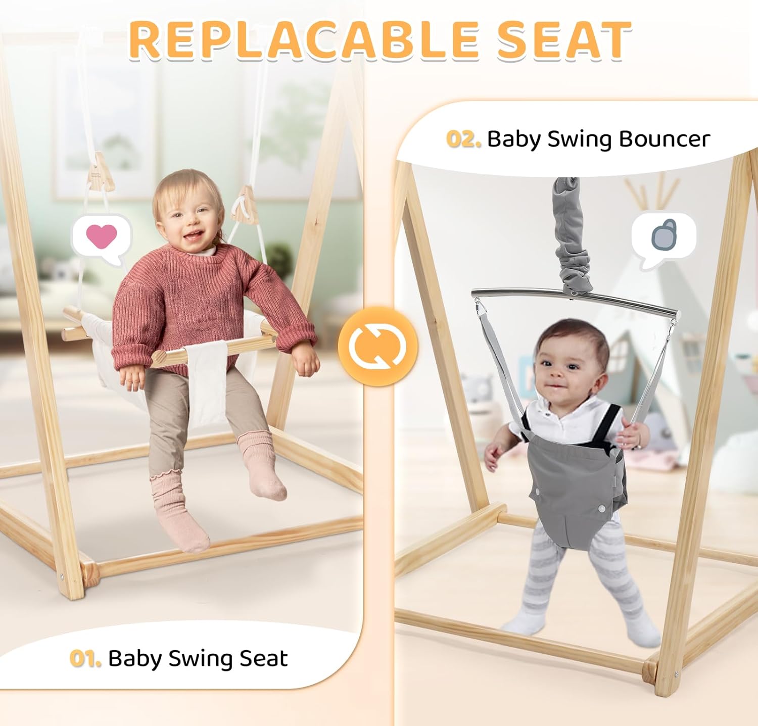 Image illustrating the replaceable seat feature of the JOYMOR product, showing a baby in the swing seat on the left and a baby in the bouncer on the right, both attached to the same A-frame stand.
