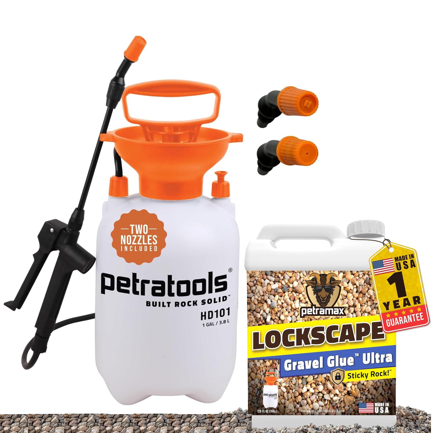 Lockscape Gravel Glue Landscaping Kit – 1 Gallon Rock Glue Stabilizer with Petratools HD101 1 Gallon Pump Sprayer, Landscape Adhesive for Gravel, Pebbles & Decorative Stone in Garden Beds and Walkways