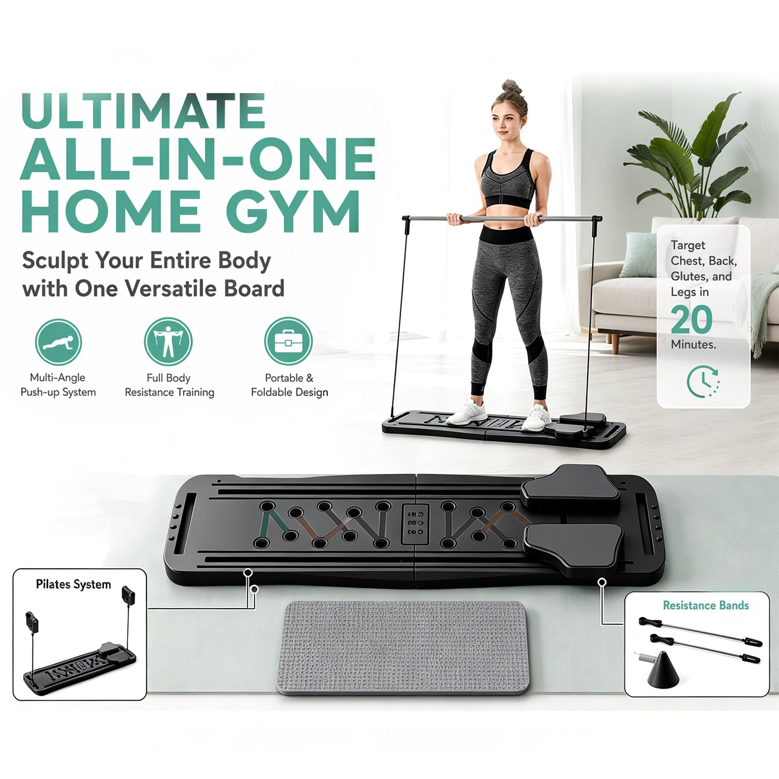 Pilates Board, Multifunctional Faltbarer Pilates Reformer, Pilates Set Mit Widerstandsband Balancebrett Kniekissen & Stange, Exercise Board for Home Exercises