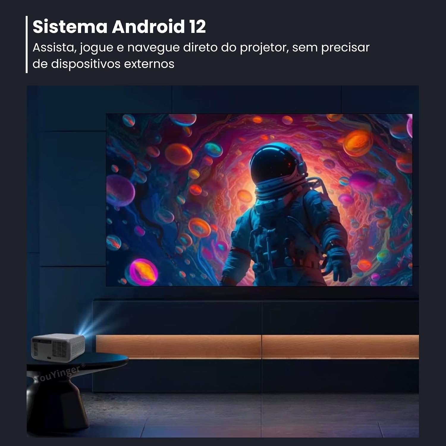 Touyinger Q12W Pro Projector displaying Android 12 interface