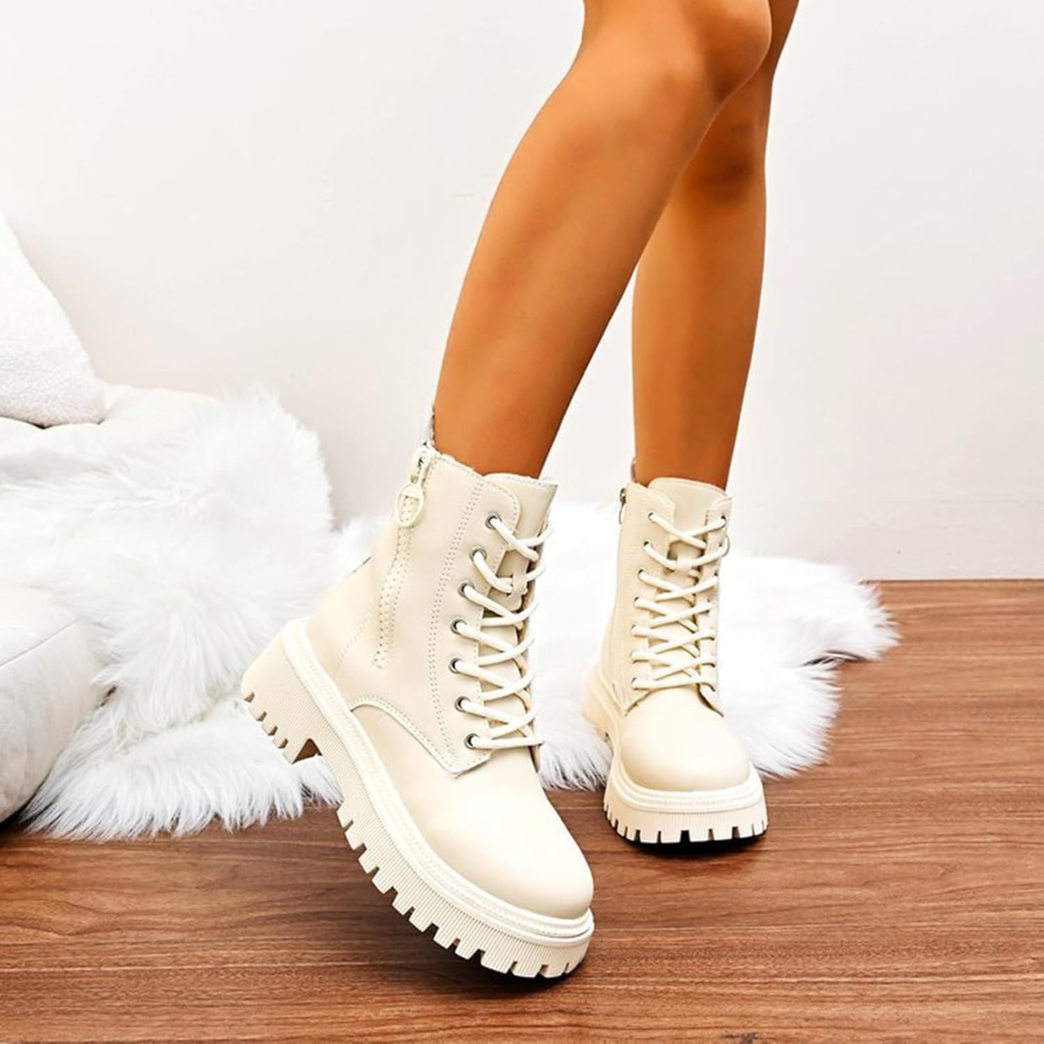 Women's Lace Shoes Fleece Lined Boots Warm Ankle Boot Zipper Fashion Up | Winter Platform Round Toe Booties